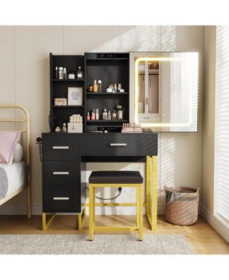 Wood Lighted Mirror Power Outlet Vanity Desk with 4 Drawers, Shelves & Stool