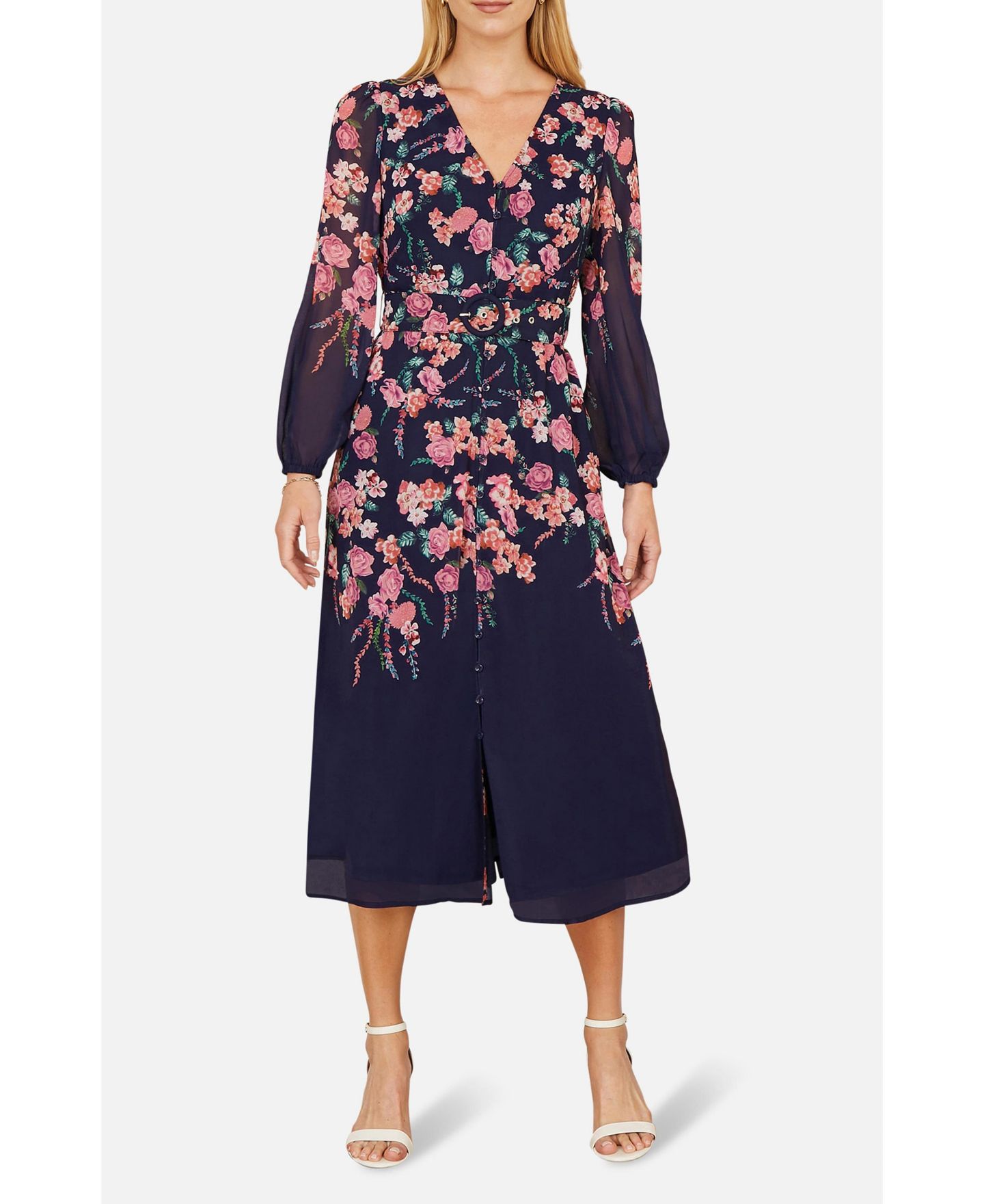Женское платье Yumi Belted Floral Midi, цвет: Тёмно-синий — фото 5
