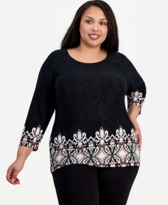 Plus Size Border-Print Jacquard Knit Top, Macy's Exclusive