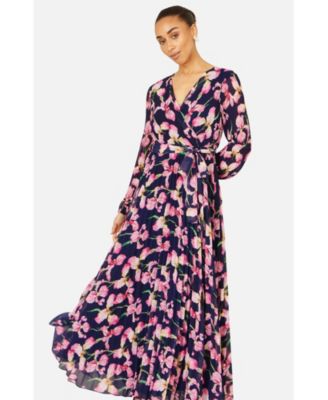 Women's Orchid Floral Pleated Wrap Maxi Dress