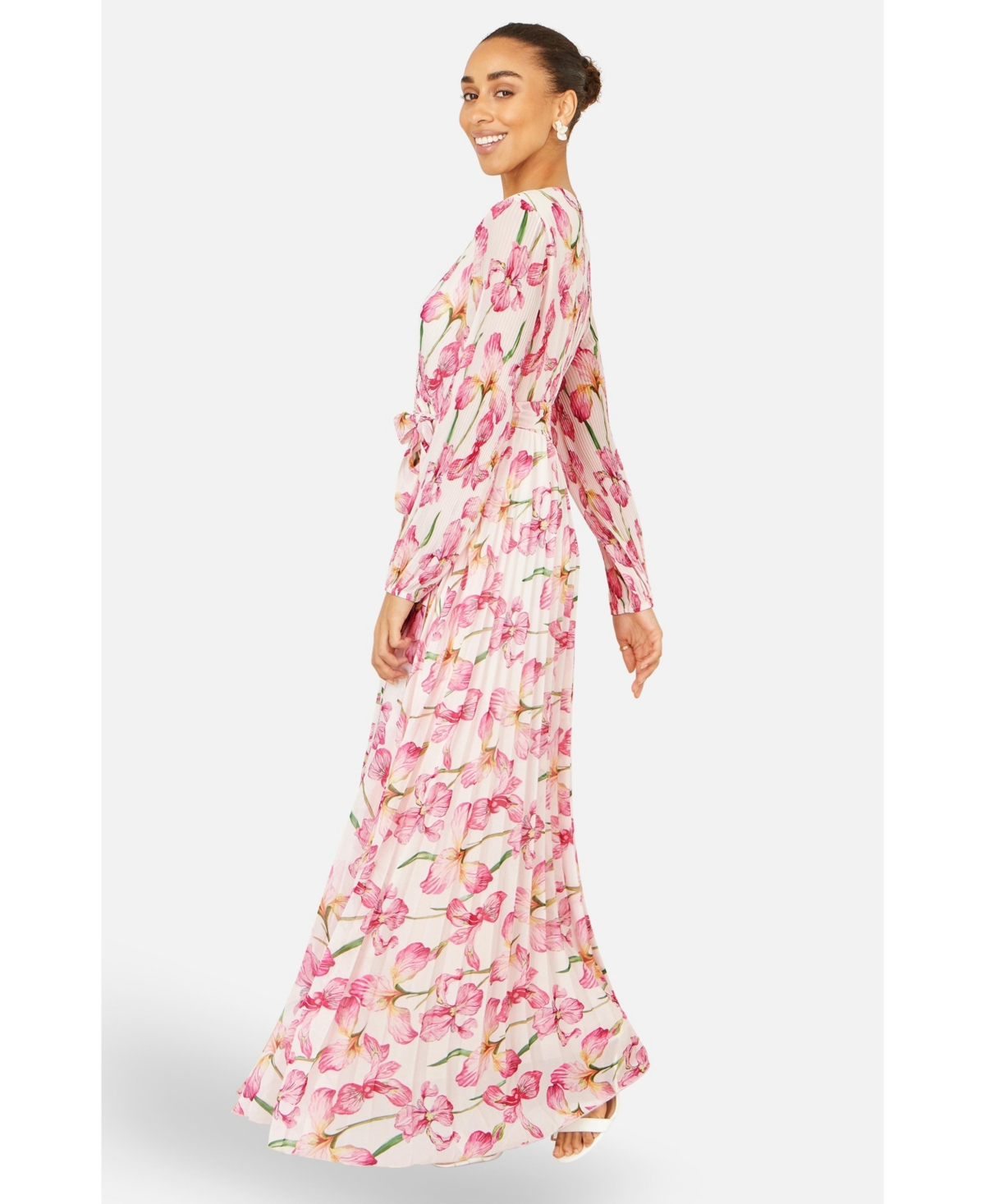 Yumi Women's Orchid Floral Pleated Wrap Maxi Dress