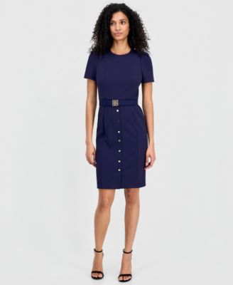 Women's Belted Puff-Sleeve Sheath Dress
