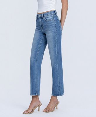 Women's High Rise Back Distressed Hem Ankle Straight Jeans