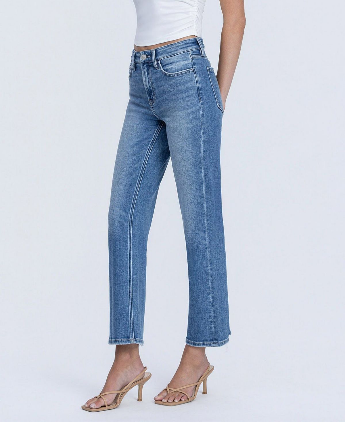 Flying Monkey Women's High Rise Back Distressed Hem Ankle Straight Jeans view 4 — MAYCSS fashion products