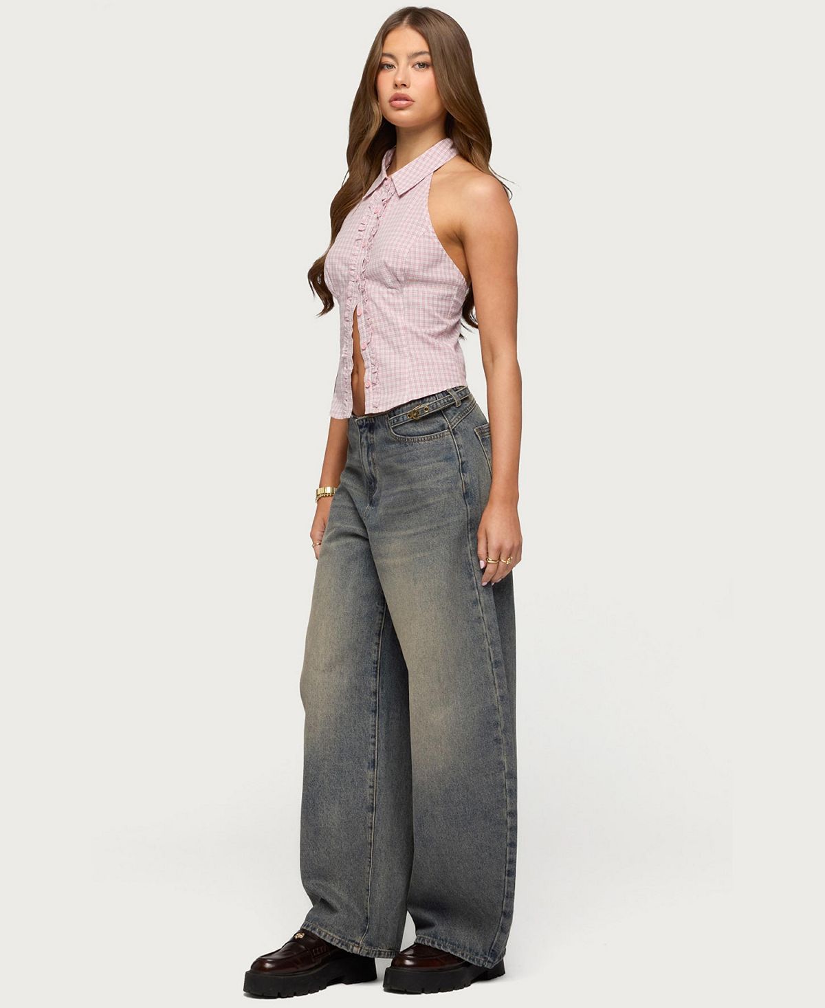 Edikted Women's Side Belt Low Rise Barrel Jeans view 3 — MAYCSS fashion products