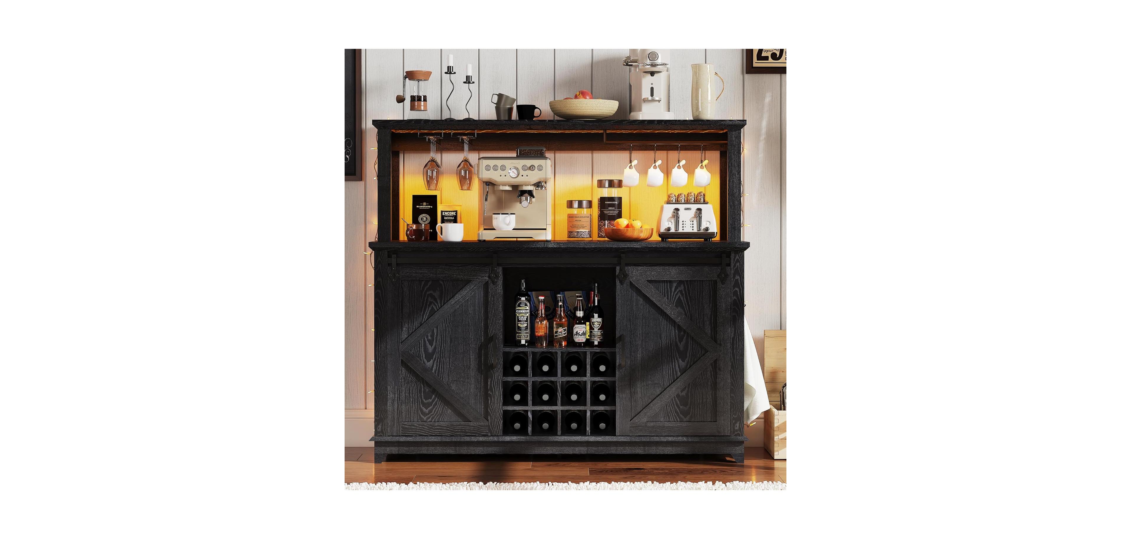 gaomon 55in Coffee Bar Cabinet Power Outlet and Led Light Removable 12Bottle Wine Rack Sliding Barn Door Buffet Cabinet