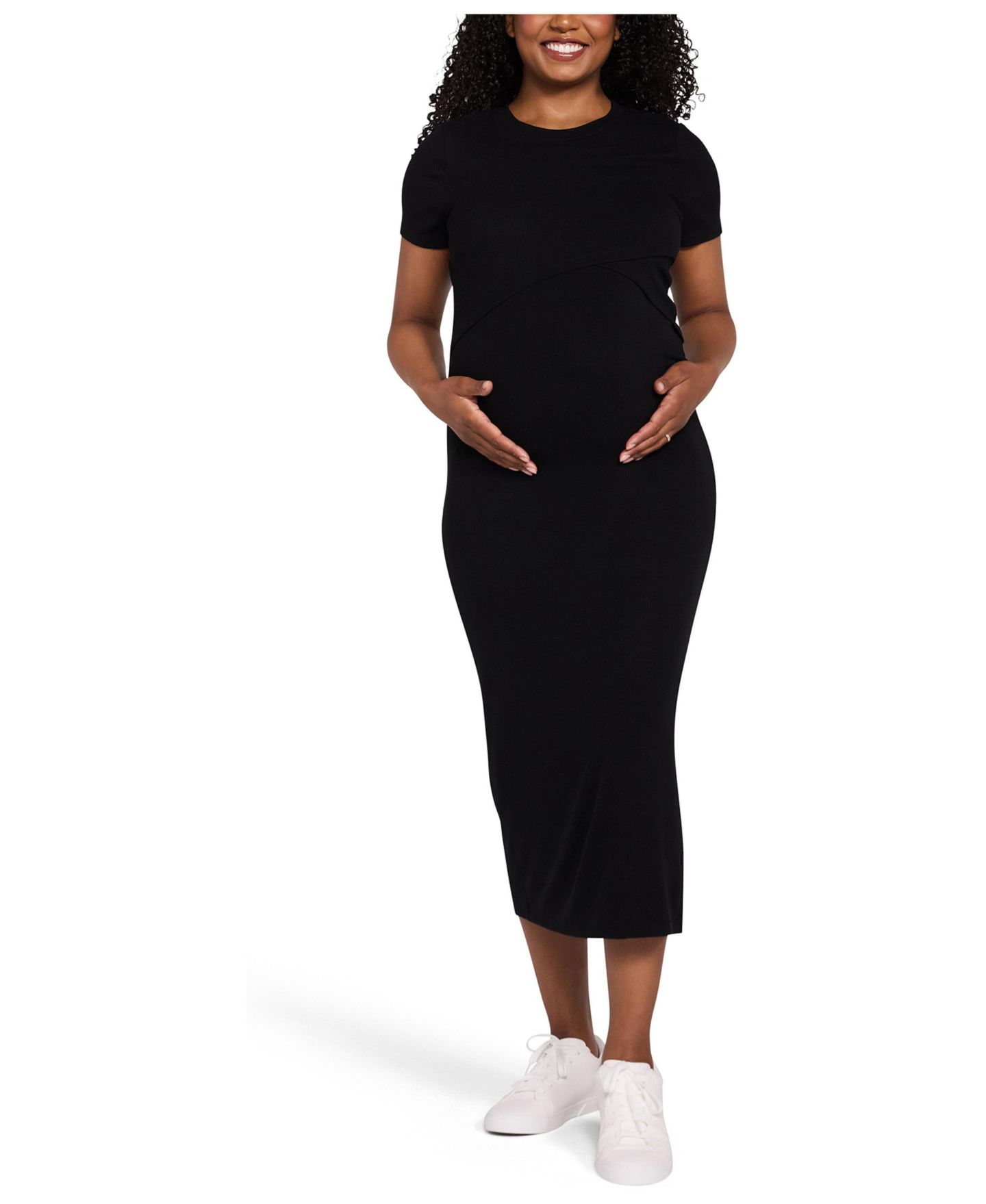 Женское платье Motherhood Maternity Motherhood Crew Neck Short Sleeve Nursing Midi, цвет: Чёрный — фото 1
