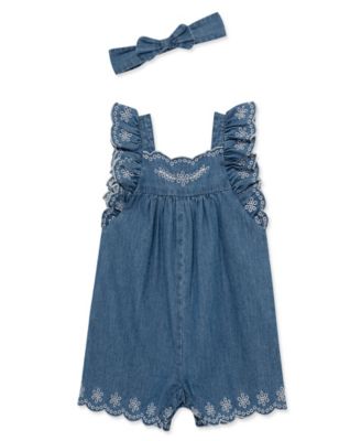 Baby Girls' Chambray Woven Romper & Headband, 2-Piece Set
