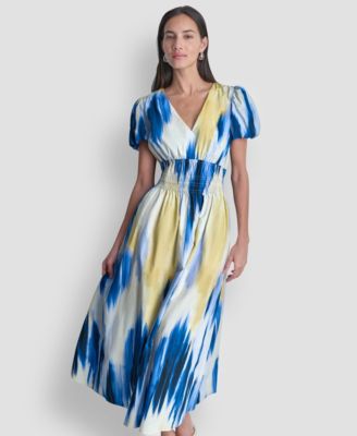 Women's Printed V-Neck Smocked Midi Dress