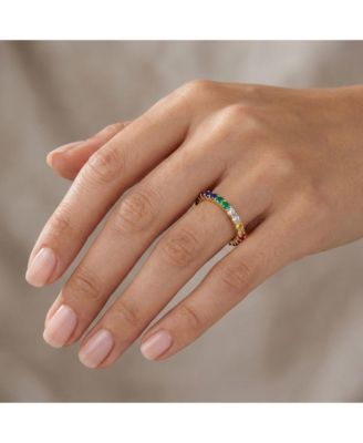 Timeless 14K Gold Plated Rainbow Multi-Color CZ Slim Band Ring