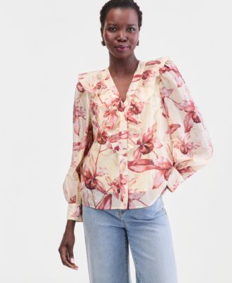 Women's Printed Ruffled Long-Sleeve Blouse