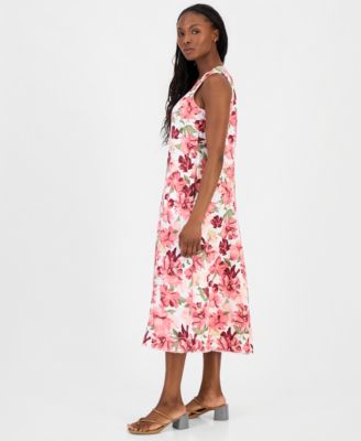 macy's dresses charter club Charter Club Women's Plus Size Linen Floral-print Flounce Shirtdress - Red
