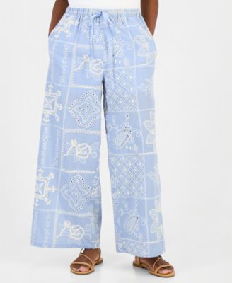 Petite Embroidered Cotton Wide-Leg Pants