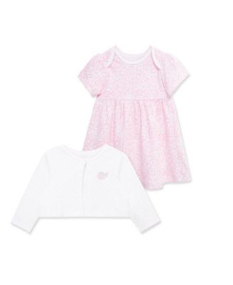 Baby Girls' Rose Printed Dress, Cardigan and Diaper Cover, 3-Piece Set