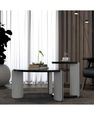  32.68" & 16.93" Round Coffee/End Table Set - Black Oak Veneer, Sintered Stone Legs