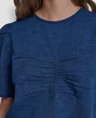 Petite Puff-Sleeve Crewneck Ruched Front Shirt