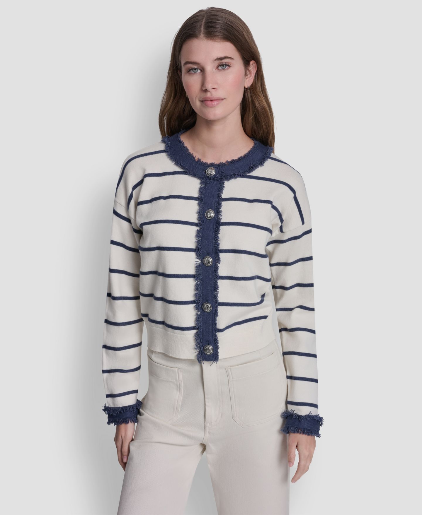 Женский кардиган DKNY Jeans Petite Denim Fringe Crewneck Striped, цвет: Сливочный / Индиго — фото 1