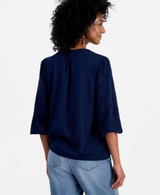 Women's Split-Neck Eyelet-Embroidered Top