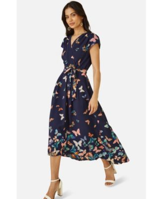 Women's Butterfly Print Dip Hem Midi Wrap Dress