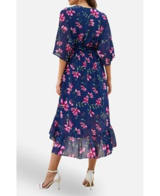 Women's Floral Kimono Wrap Dipped Hem Midi Dress