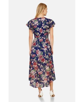 Women's Floral Wrap Midi Dress With Frill Hem