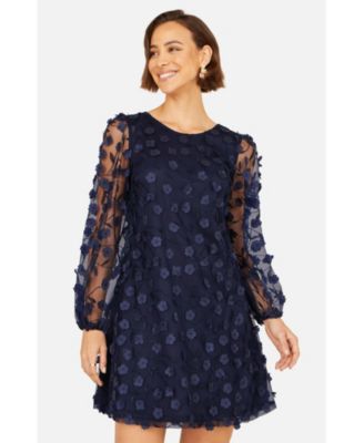 Women's Long Sleeve Floral Applique Tunic Dress