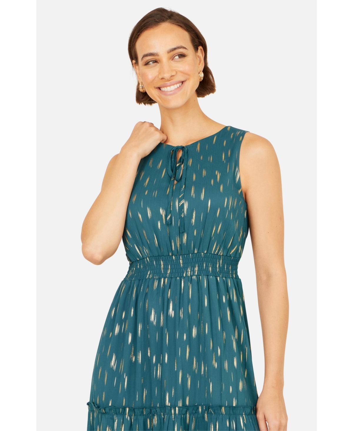 Yumi Women's Foil Print Ruched Waist Midi Dress