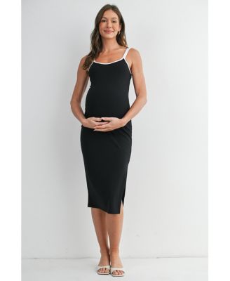 Maternity Ribbed Bodycon Midi Dress with Double Straps and Side Slit