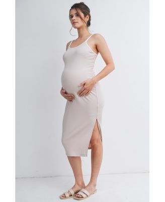 Maternity Ribbed Bodycon Midi Dress with Double Straps and Side Slit