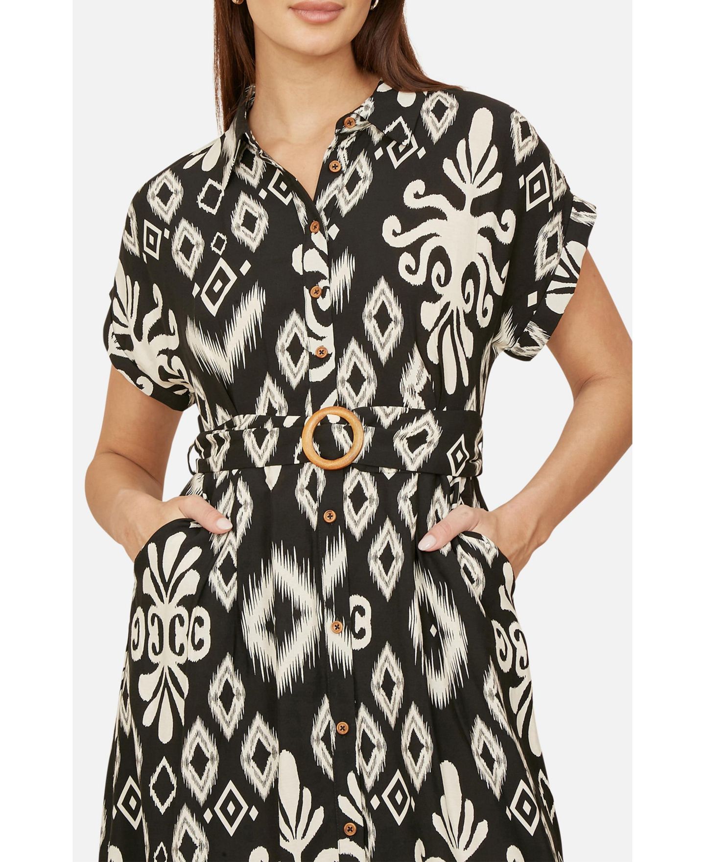 Женское платье Yumi Geo Print Relaxed Midi Shirt Dress, цвет: Чёрный — фото 8