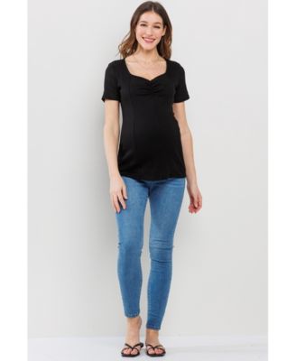 Maternity Ribbed Short Sleeve Sweetheart Neck Top