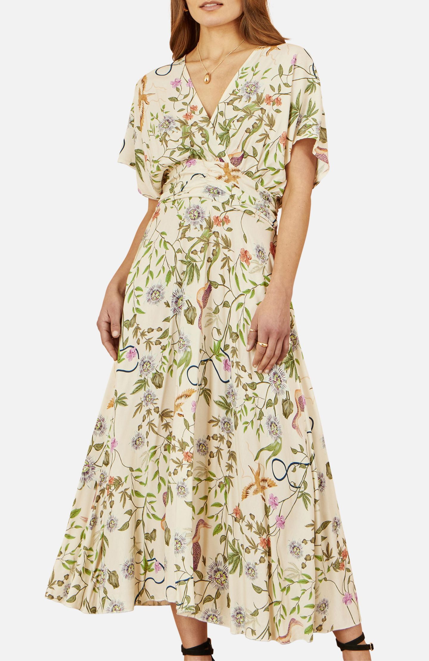 Женское платье Yumi Floral Print Ruched Waist Midi, цвет: Бежевый — фото 8