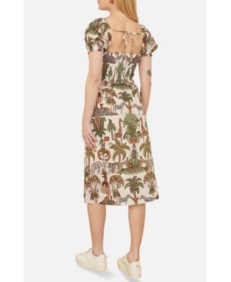 Women's Cotton Safari Print Ruched Midi Dress