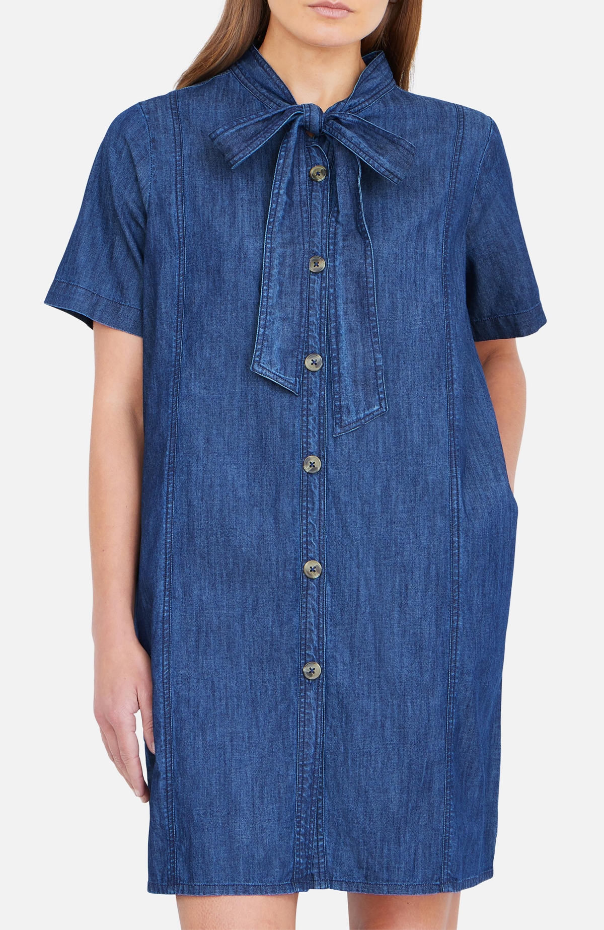 Yumi Women's Chambray Tunic With Bow Tie
