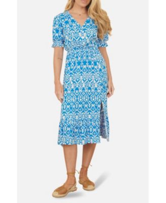 Women's Geometric Print Puff Sleeve Midi Dress