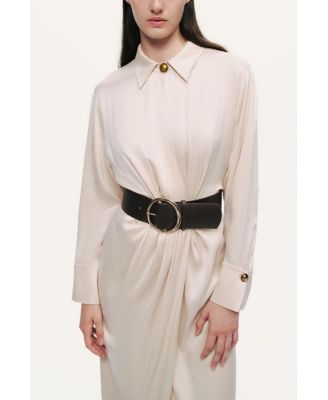 Women's Belted Draped Shirt-Collar Maxi Dress