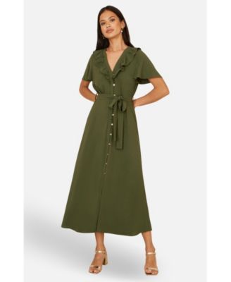 Women's Ruffle Collar Midi Shirt Dress