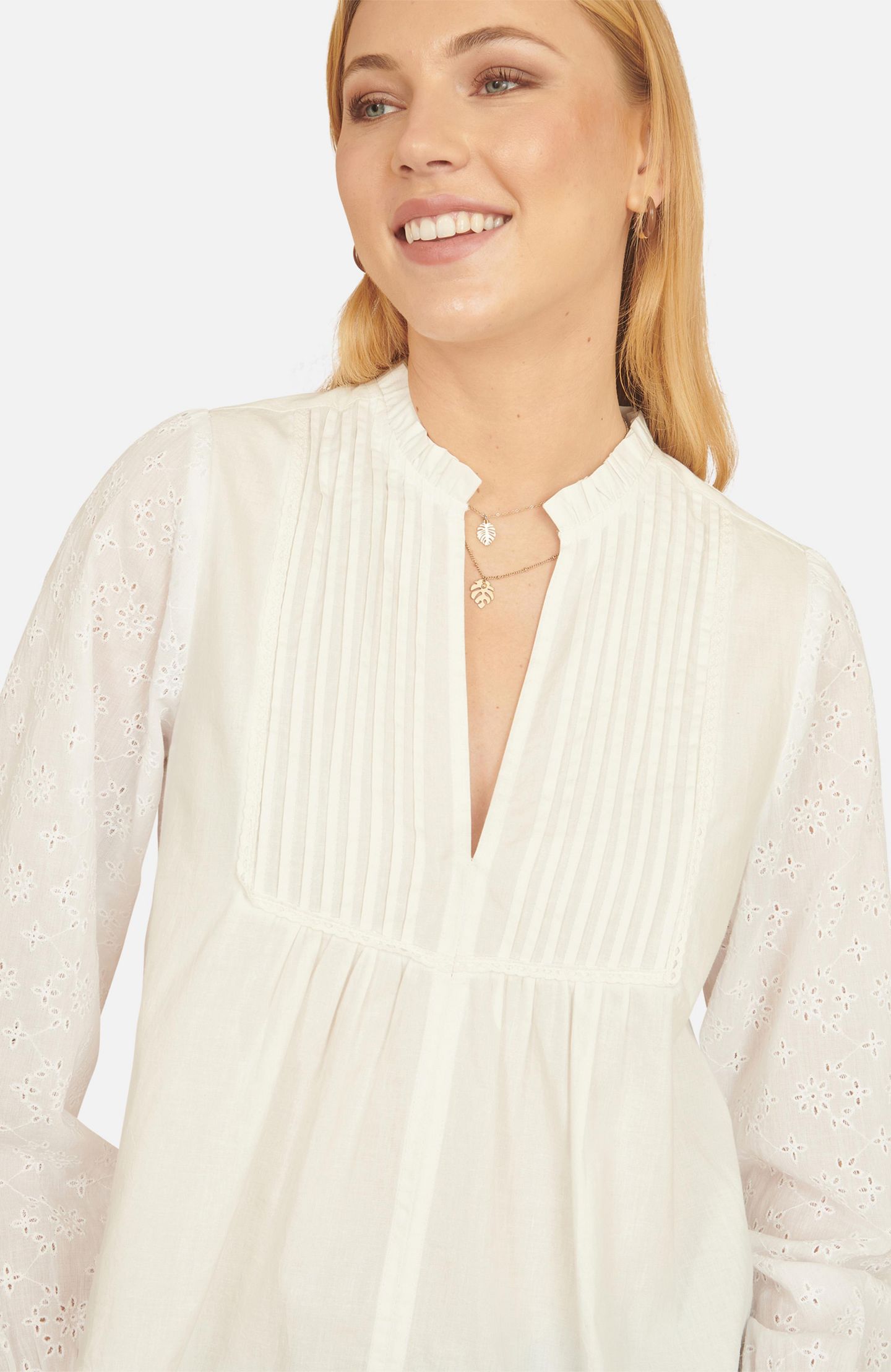 Женская рубашка Yumi Pleated Cotton Bib, цвет: Белый — фото 5