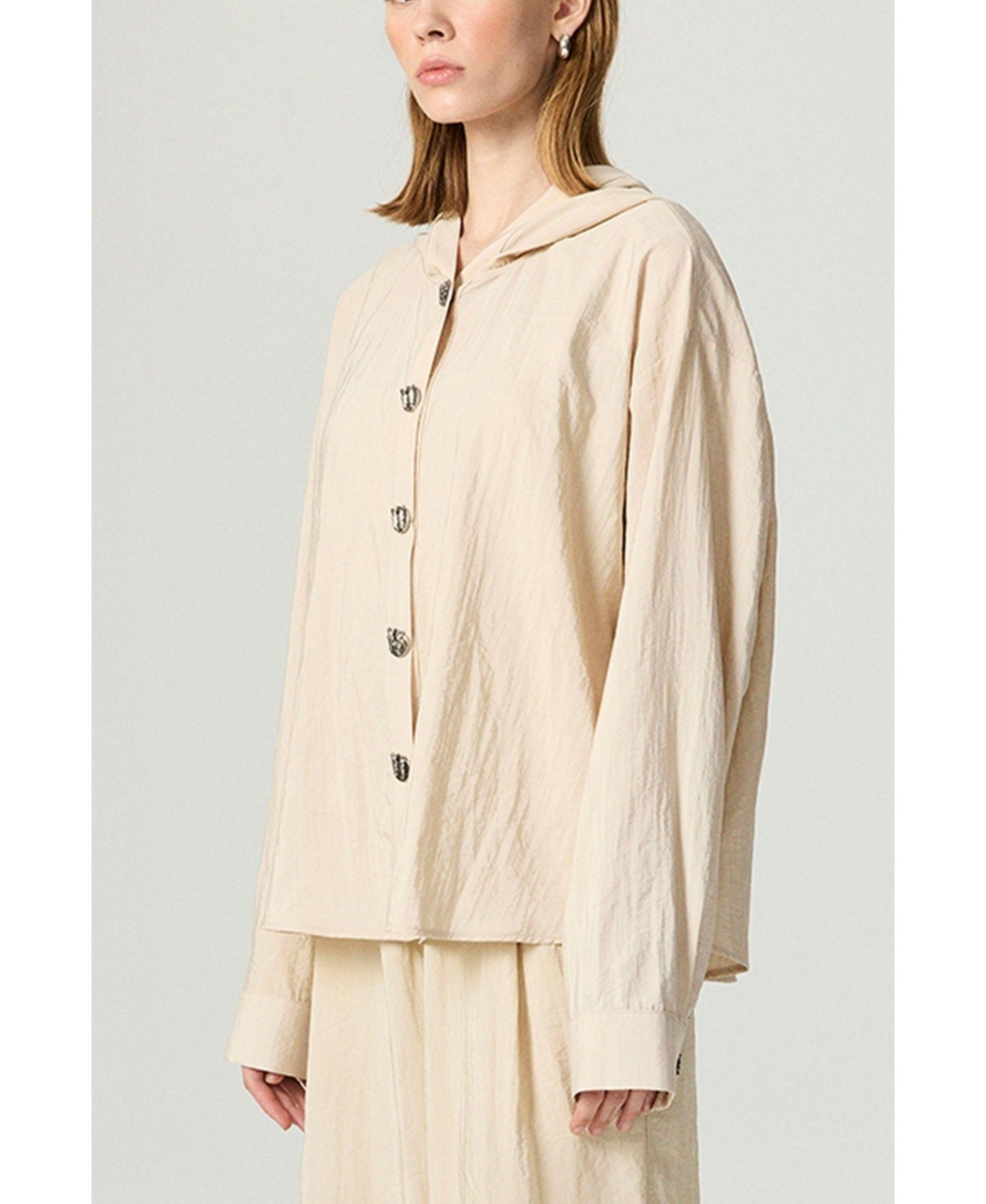 Nocturne Women's Hooded Shirt with Snap Button Details