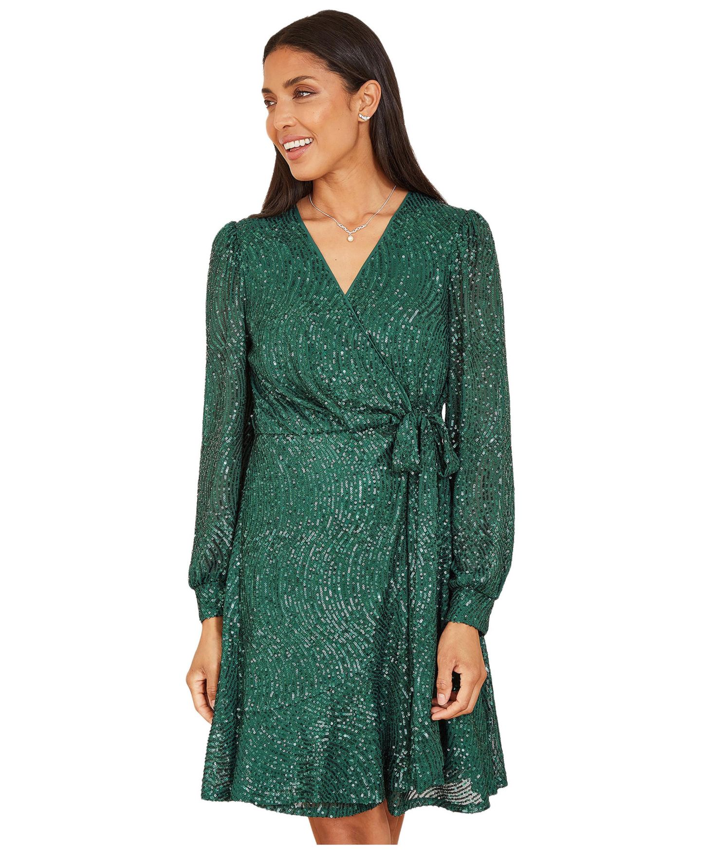 Женское платье Yumi Sequin Long Sleeve Frill Wrap, цвет: Зелёный — фото 5
