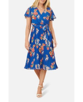 Women's Pleated Floral Tie-Waist Wrap Midi Dress