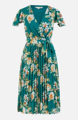 Women's Pleated Floral Tie-Waist Wrap Midi Dress