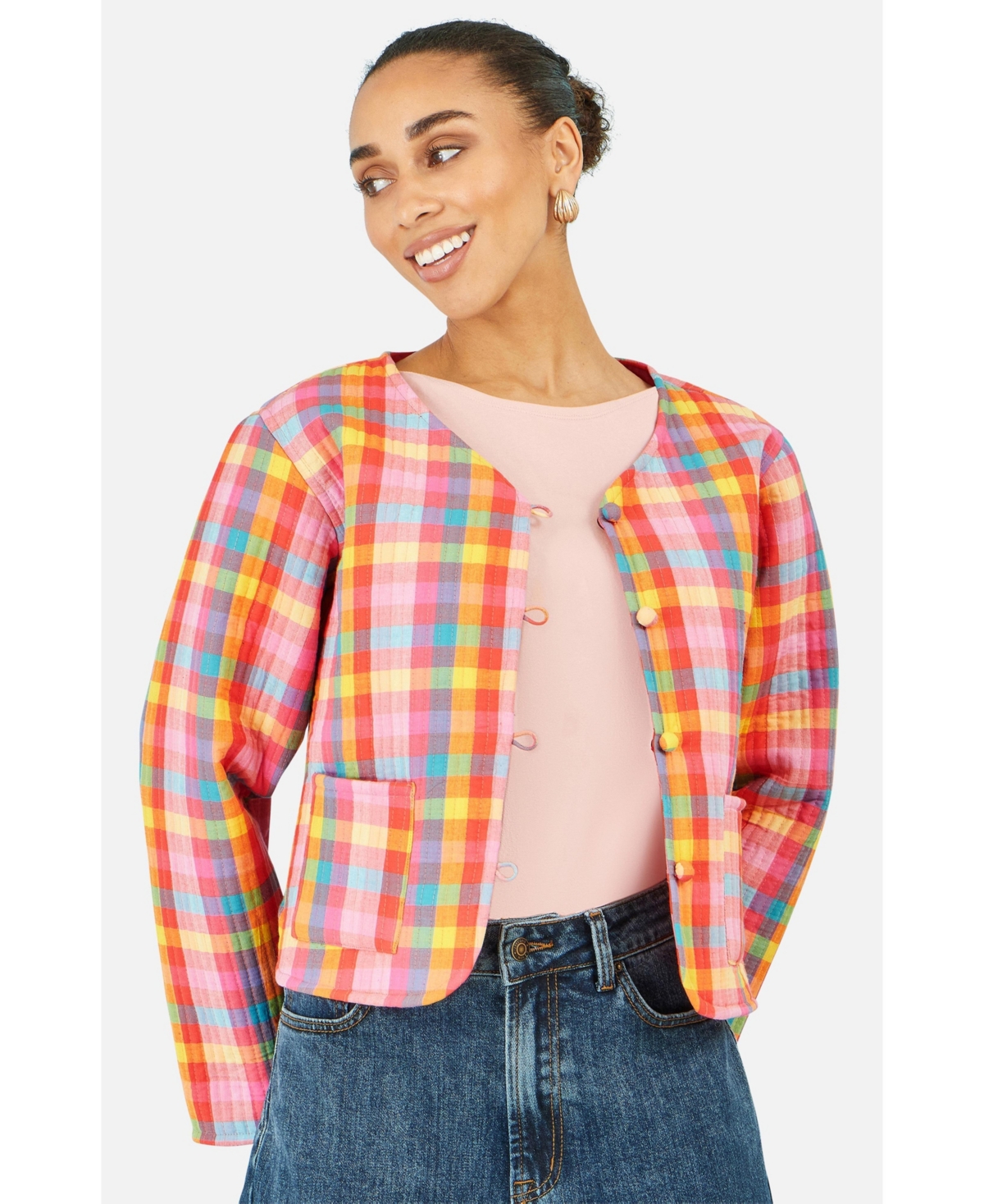 Yumi Women's Checked Reversible Cotton Quilted Jacket