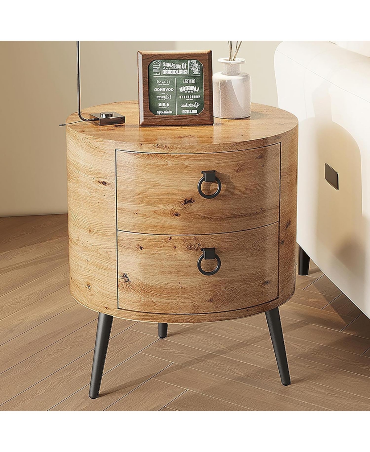 gaomon Round Side Table with Drawers Modern Night Stand with Storage Wooden Accent End Table Circle Bedside Table with Metal Legs for Living Room