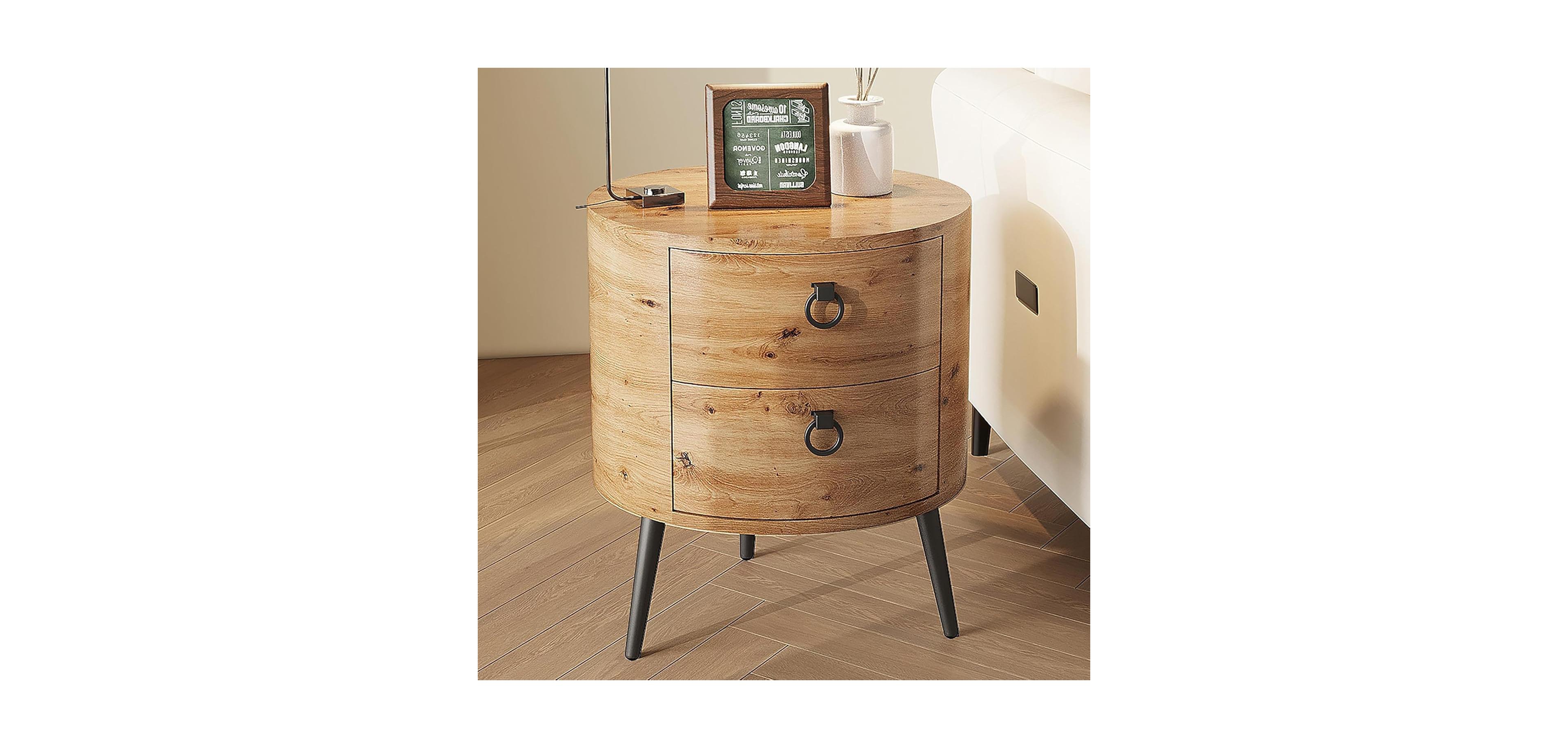 gaomon Round Side Table with Drawers Modern Night Stand with Storage Wooden Accent End Table Circle Bedside Table with Metal Legs for Living Room
