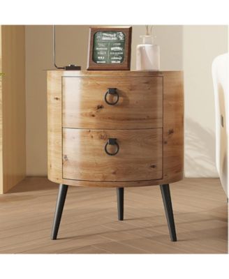 Round Side Table with Drawers Modern Night Stand with Storage Wooden Accent End Table Circle Bedside Table with Metal Legs for Living Room