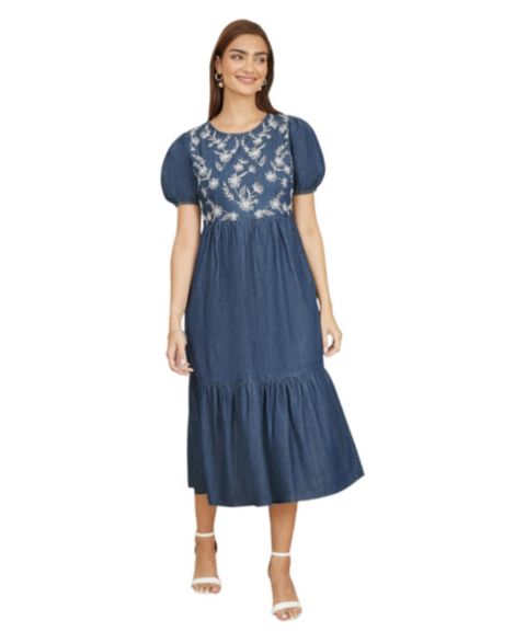 Женское платье Yumi Floral Embroidered Puff Sleeve, цвет: Синий