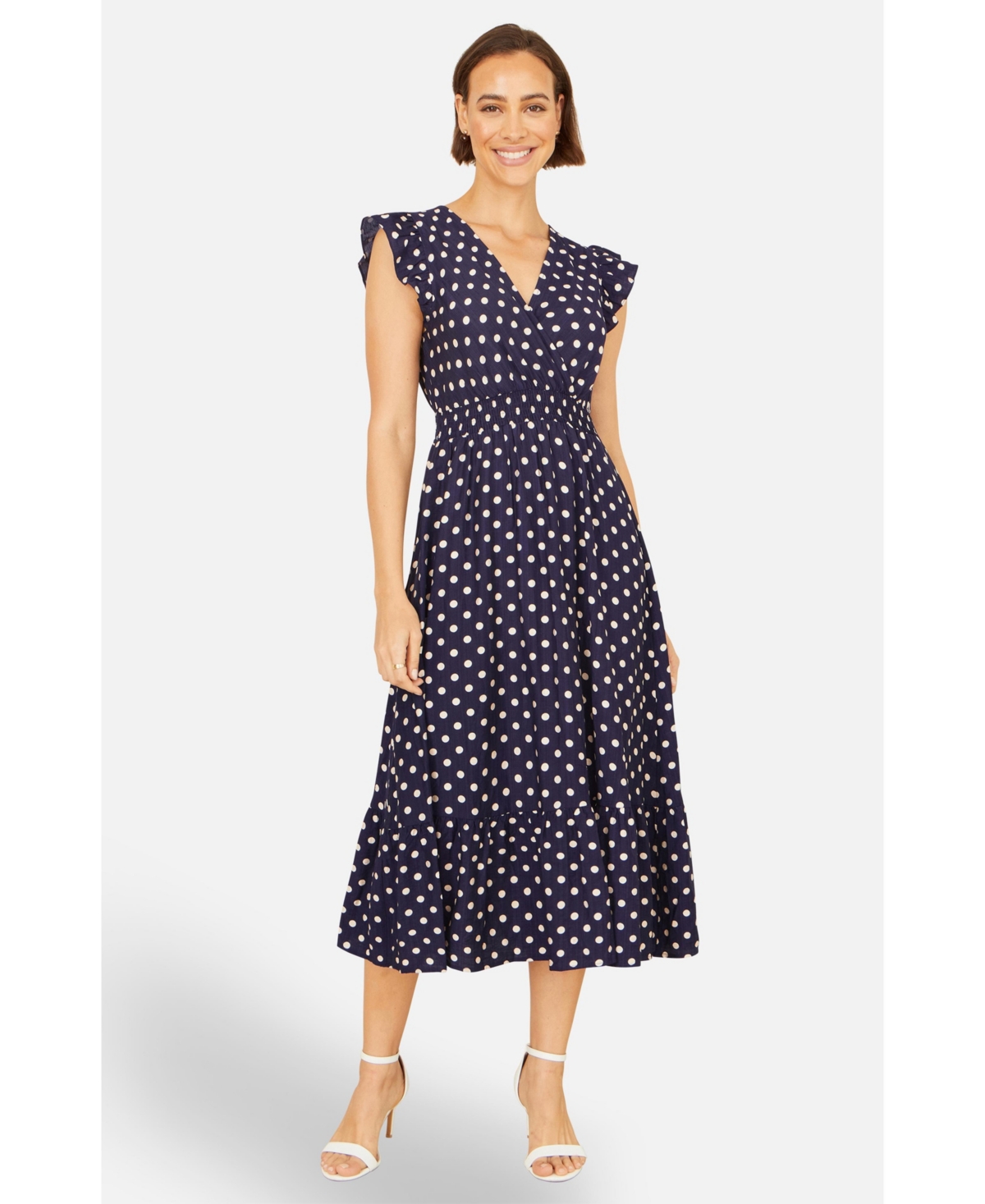 Yumi Women's Spot Ruched Waist Midi Dress