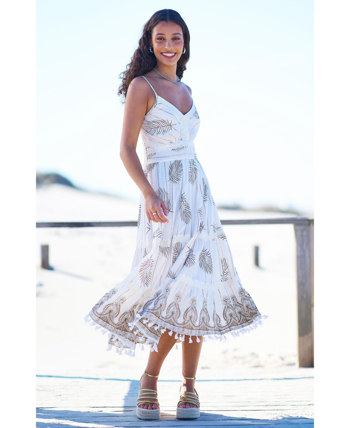 Женское платье Yumi Foil Print Lace Trim Midi Sun, цвет: Слоновая кость — фото 4