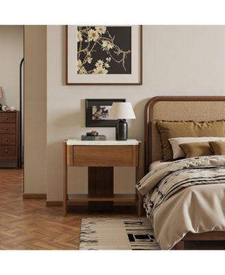 Faux Travertine Nightstand with Drawer and Open Shelf, MDF Wood Accent Side Table